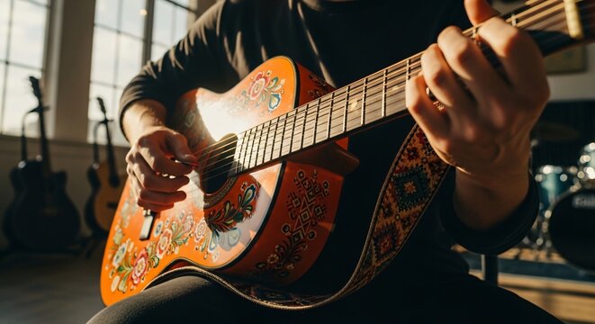 M&uacute;sico tocando guitarra ac&uacute;stica naranja con arte folcl&oacute;rico mexicano, celebraci&oacute;n de Cinco de Mayo, ambiente c&aacute;lido de estudio, m&uacute;sica tradicional, vibrante dise&ntilde;o floral.