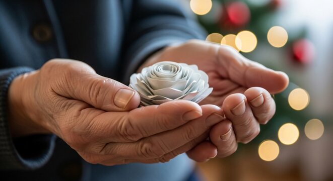 Manos de anciano sosteniendo rosa de papel blanca, s&iacute;mbolo de paz y artesan&iacute;a tradicional para el Cinco de Mayo, herencia cultural mexicana, respeto por las ra&iacute;ces y amor familiar.