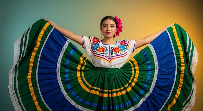Mujer joven con traje t&iacute;pico mexicano para Cinco de Mayo, falda folcl&oacute;rica extendida, bordado floral, celebraci&oacute;n cultural de M&eacute;xico, orgullo nacional y herencia hispana.