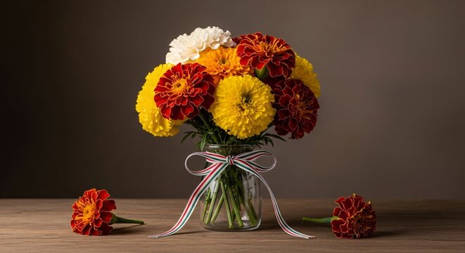 Ramo de flores cempas&uacute;chil y cal&eacute;ndulas en frasco con lazo tricolor de M&eacute;xico sobre mesa de madera, decoraci&oacute;n festiva tradicional para Cinco de Mayo y cultura mexicana.