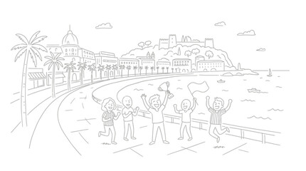 Fototapeta premium Joyful People Celebrating Victory Along Seaside Promenade with Flags.