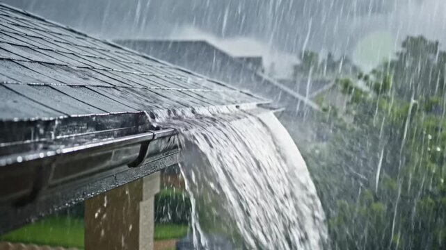 Heavy rain pours from a roof gutter protecting a home's foundation from water damage