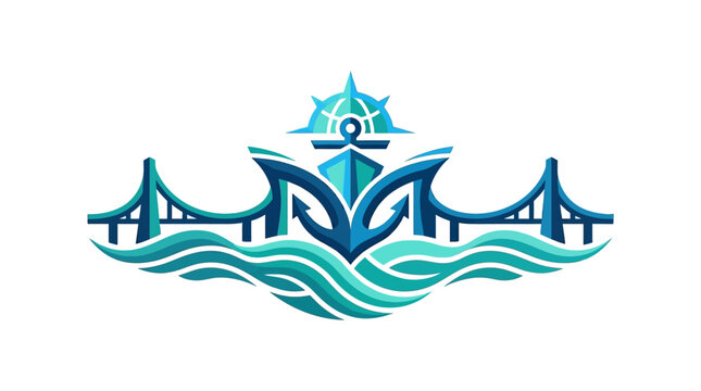 Elegant Nautical Emblem Featuring Anchor, Bridge, and Compass Rose Design.