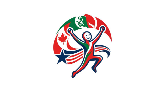 Joyful Cartoon Character Soaring with Flags of the World, Celebrating Unity.