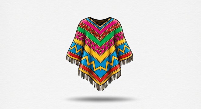 Poncho mexicano vibrante con patrones geom&eacute;tricos de zigzag, sarape tradicional para celebraci&oacute;n de fiesta del Cinco de Mayo, ilustraci&oacute;n cultural con flecos sobre fondo blanco.