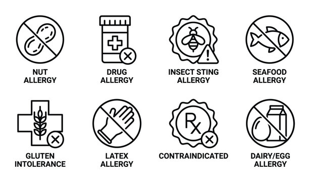 Allergy and intolerance icons for nut drug insect sting seafood gluten latex dairy and egg allergies.