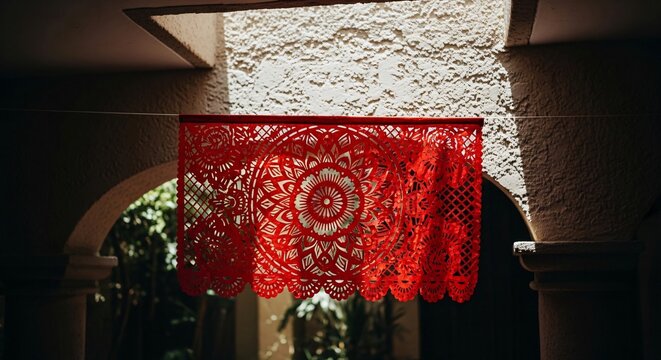 Papel picado rojo con dise&ntilde;o intrincado colgando en patio colonial soleado, decoraci&oacute;n tradicional mexicana para Cinco de Mayo y fiestas patrias, ambiente festivo artesanal.