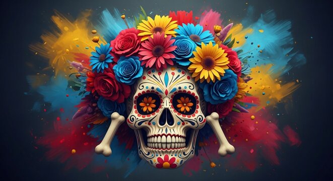Cr&aacute;neo de az&uacute;car vibrante con corona de flores y salpicaduras de pintura, dise&ntilde;o festivo para Cinco de Mayo y D&iacute;a de los Muertos, arte tradicional de M&eacute;xico y herencia hispana.