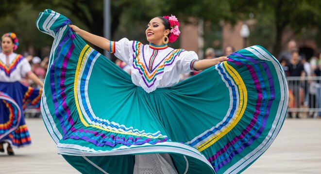 Bailarina de danza folcl&oacute;rica mexicana con vestido tradicional vibrante celebrando el Cinco de Mayo, cultura de M&eacute;xico, faldeo din&aacute;mico, festival tradicional, alegr&iacute;a y orgullo.