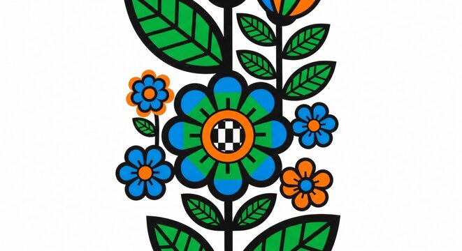 Flores mexicanas vibrantes en estilo de arte folcl&oacute;rico, dise&ntilde;o gr&aacute;fico festivo para Cinco de Mayo, ilustraci&oacute;n colorida con motivos florales tradicionales y l&iacute;neas audaces.