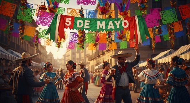 Celebraci&oacute;n vibrante del Cinco de Mayo con bailarines en trajes t&iacute;picos mexicanos, sombreros y papel picado en un festival callejero lleno de alegr&iacute;a, folclore y cultura