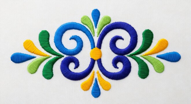 Bordado mexicano colorido con espirales y p&eacute;talos vibrantes, arte textil artesanal para Cinco de Mayo, dise&ntilde;o tradicional sobre tela blanca, motivo folcl&oacute;rico festivo y alegre.