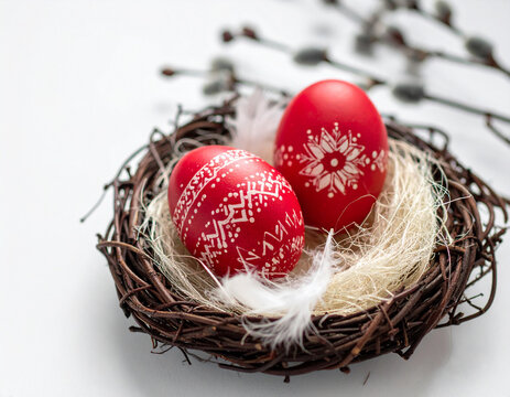 Red Easter eggs in bird nest.