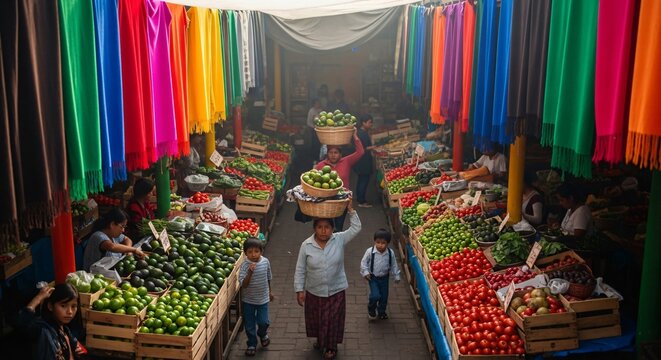 Mujer cargando canastas de frutas en la cabeza en un mercado tradicional vibrante, textiles coloridos, puestos de verduras frescas y vida cotidiana, cultura latina aut&eacute;ntica.