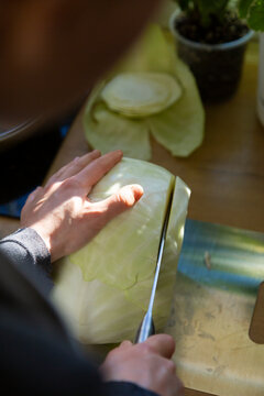 Woman slicing white cabbage for healthy meal preparation
