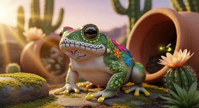 Rana decorada con motivos de calavera de az&uacute;car y flores de colores en un desierto mexicano al atardecer, concepto festivo de Cinco de Mayo con cactos y macetas de barro.