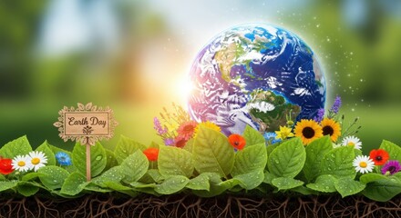 Naklejka premium Earth Day Concept with Planet Globe and Green Leaves in Nature
