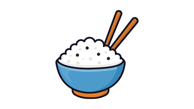 Rice Bowl Vector Icon with Editable Stroke: A modern flat illustration of a blue bowl filled with steamed white rice, black sesame seeds, and chopsticks, perfect for food and restaurant branding.