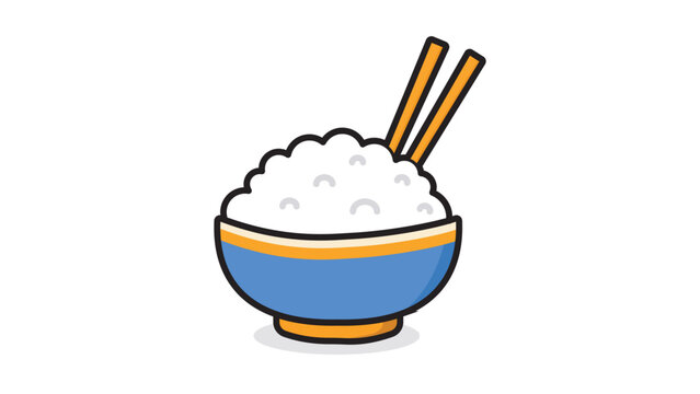 Modern Flat Vector Illustration of a Rice Bowl with Chopsticks, Featuring Editable Stroke and Clean Outlines. Minimalist Asian Food Icon for Web Design, Apps, and Menus on White Background.