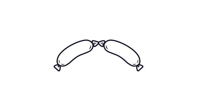 Minimalist black line vector icon of a pair of plump sausages linked together, hand-drawn style on white background. Perfect for food menus and butcher shop branding. Editable stroke illustration.