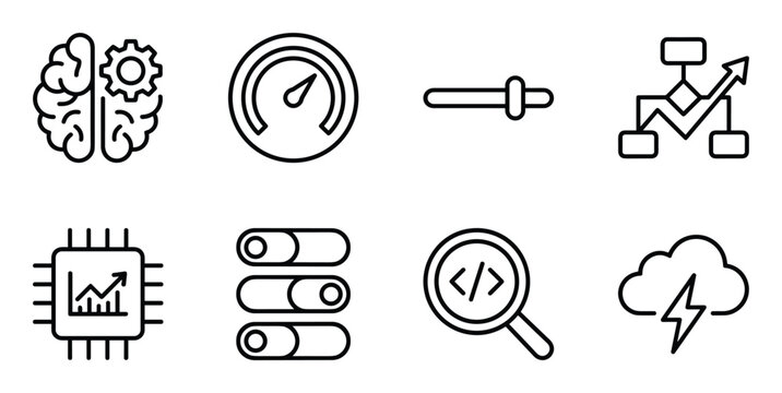 Brain with gear, speedometer, slider, flowchart, cpu with graph, toggle switches, code search, and cloud icon.