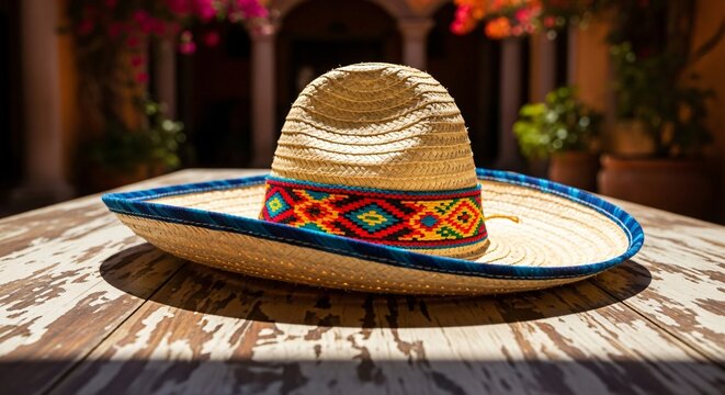 Sombrero de paja tradicional mexicano con banda tejida vibrante sobre mesa r&uacute;stica, decoraci&oacute;n para fiesta de Cinco de Mayo en patio soleado, cultura y artesan&iacute;a de M&eacute;xico.