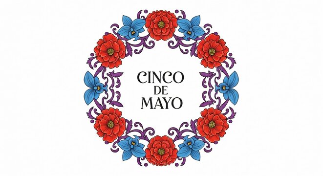 Corona floral de Cinco de Mayo con rosas rojas, orqu&iacute;deas azules y caligraf&iacute;a central. Marco festivo mexicano para dise&ntilde;o gr&aacute;fico, celebraciones tradicionales y tarjetas de saludo.