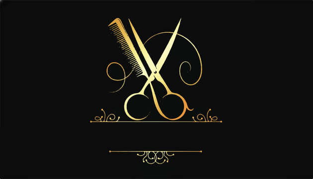 Gold salon logo with scissors and comb on black background hair care scissors hairdresser grooming business illustration creative template