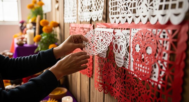 Manos decorando con papel picado tradicional para celebraci&oacute;n de Cinco de Mayo, ambiente festivo mexicano, artesan&iacute;a de calaveras, preparativos de fiesta, cultura de M&eacute;xico.