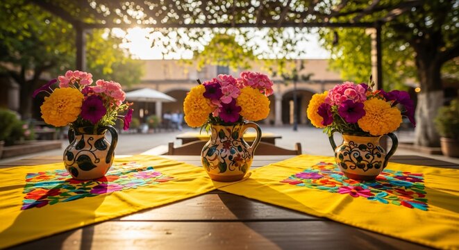 Centros de mesa festivos para el Cinco de Mayo con jarrones de cer&aacute;mica Talavera, flores de cempas&uacute;chil y bordados tradicionales sobre mesa de madera en patio soleado de una