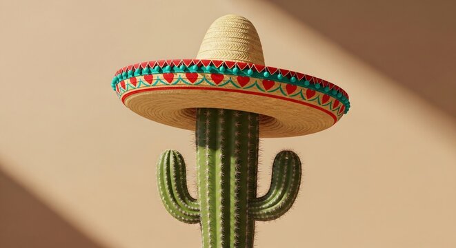 Cactus con sombrero mexicano tradicional decorado con corazones rojos para celebraci&oacute;n de Cinco de Mayo, fondo beige minimalista, concepto festivo de cultura y desierto.