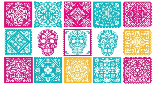 Papel picado tradicional mexicano y calaveras para celebraci&oacute;n de Cinco de Mayo, arte popular vibrante, patrones ornamentales en rosa y turquesa, decoraci&oacute;n festiva y cultural.