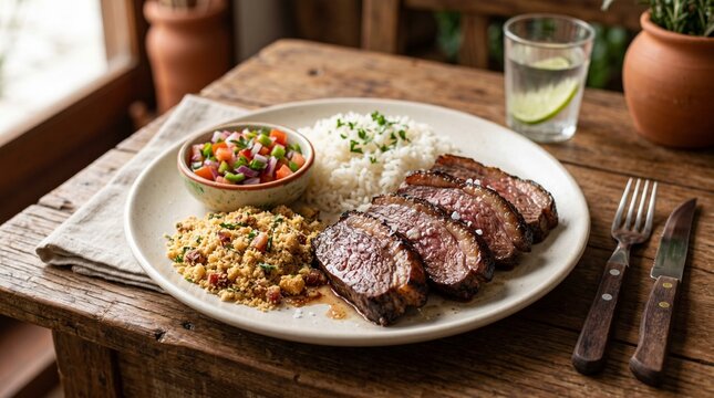 Brazilian Churrasco Plate with Rice Farofa and Vinaigrette