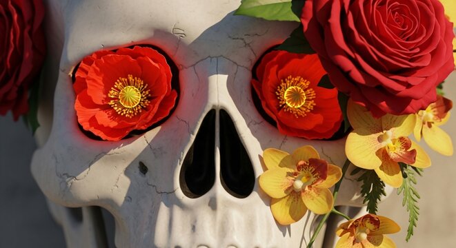 Calavera mexicana con amapolas rojas vibrantes en los ojos, orqu&iacute;deas y rosas, celebraci&oacute;n del D&iacute;a de los Muertos y Cinco de Mayo, concepto art&iacute;stico de vida y muerte.