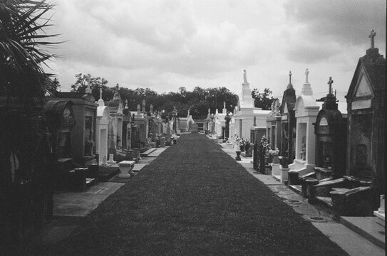 Path Through a Cemetery With Tombstones and Grave Markers