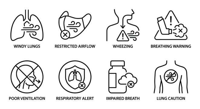 Eight line icons for respiratory health: windy lungs, restricted airflow, wheezing and breathing warning.