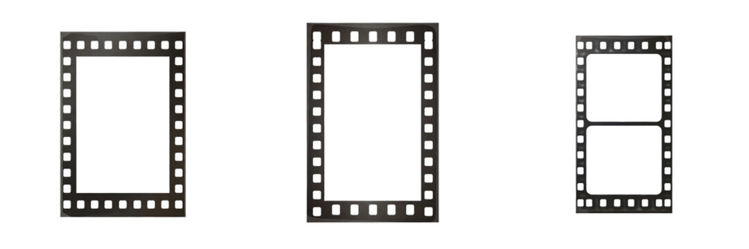 Vertical empty film strip frame and black analog photography border isolated on white background, cinema movie reel element for creative video production and media design assets.