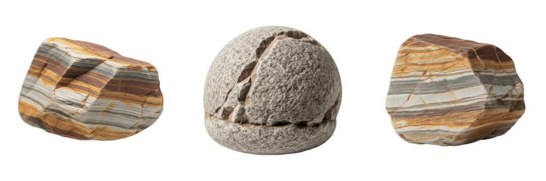 Realistic round stone rock and grey granite boulder texture isolated on white background, natural mineral element for garden landscaping and environmental nature visualizations.