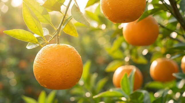 Ripe Oranges Hanging,Jeruk matang menggantung di dahan pohon di bawah sinar matahari keemasan.	 on Tree Branch in Golden Sunlight