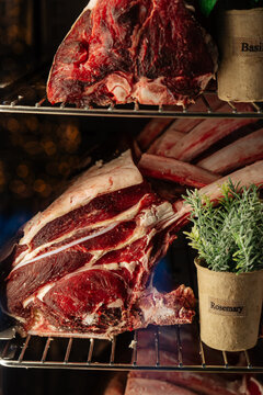 Raw beef ribs with rosemary plant on display
