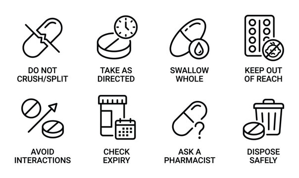 Pill and capsule medication icons for administration guidelines and pharmacist consultation.