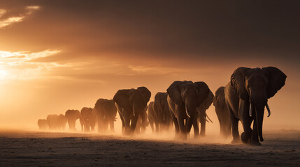 Fototapeta premium Herd of elephants walking at sunset in dusty plains