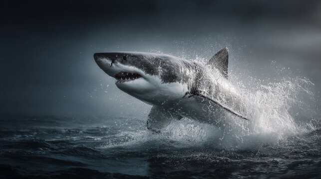Great white shark breaching ocean surface in motion