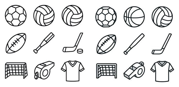 Sports icons with ball bat goal outline