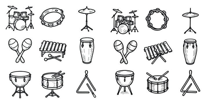 Music icons with drums tambourine xylophone sketch