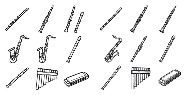 Music icons with flute saxophone harmonica outline
