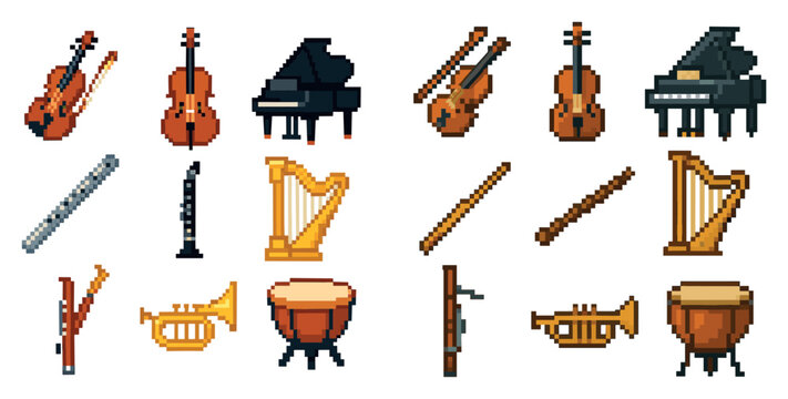 Music icons with violin piano harp pixel
