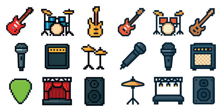 Music icons with guitar drum microphone pixel retro