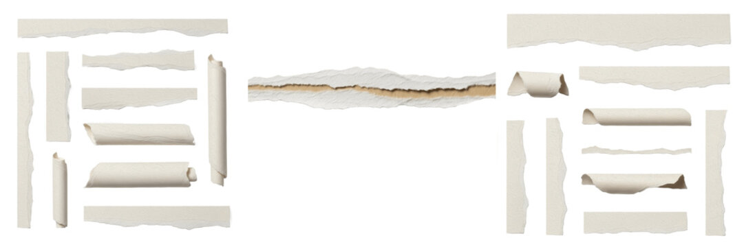 Horizontal ripped parchment paper edge and torn antique document border isolated on white background, vintage aged texture for scrapbooking and historical map graphic designs