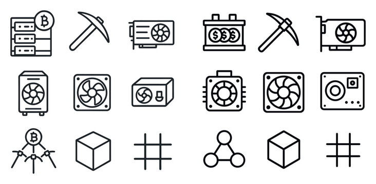 Mining icons with pick axe gpu and cooling fan outline lineart